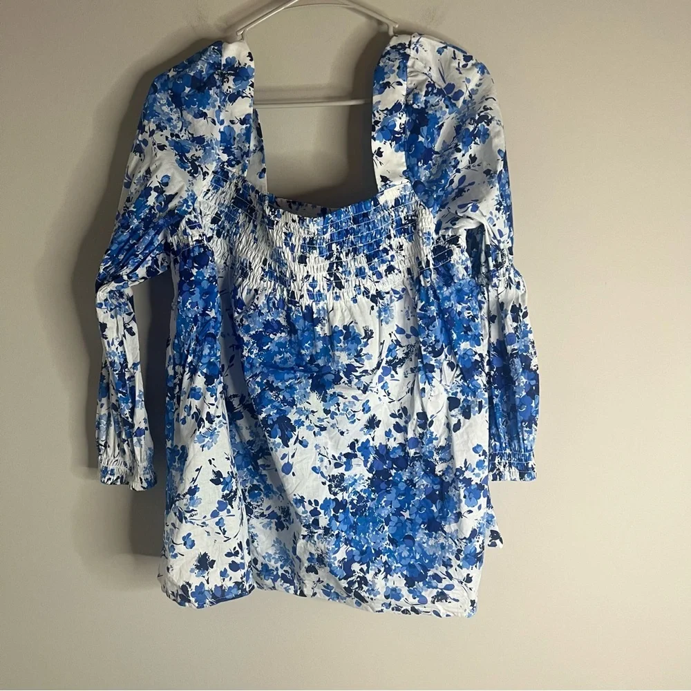 Tuckernuck Blue and White Floral Smocked Square-Neck Blouse